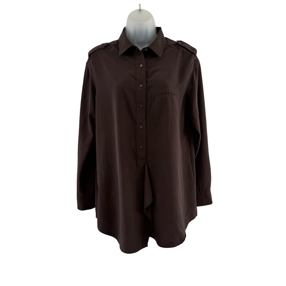 Vince Tunic Shirt Womens Medium Brown Long Sleeve Button Front Epaulet Utility